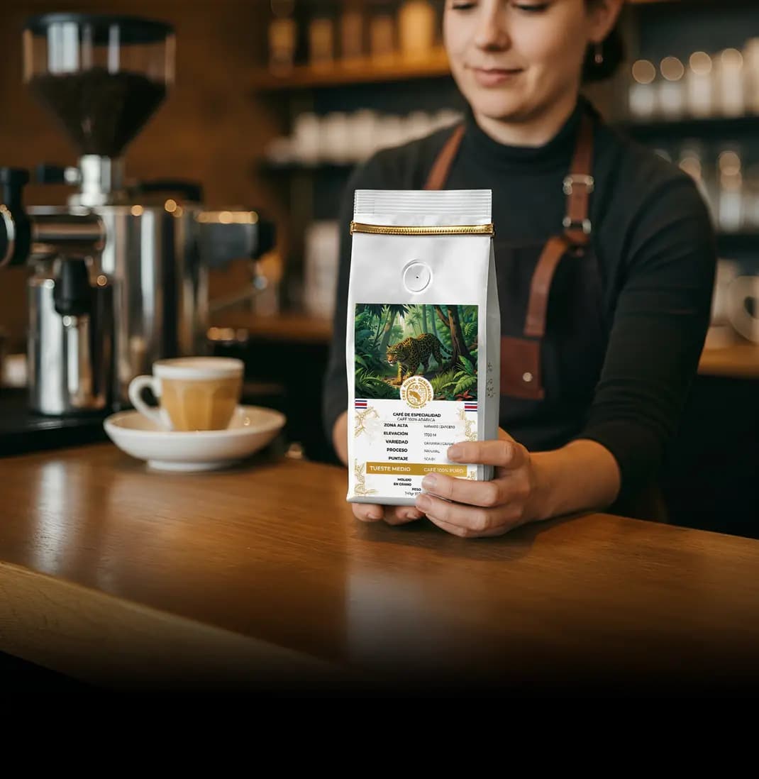 Barista sosteniendo una bolsa de Café Nueva Generación en la barra