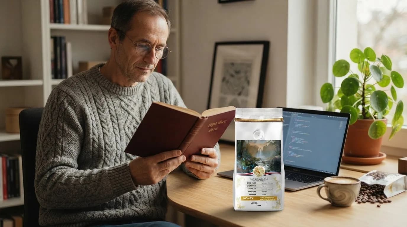 Persona leyendo un libro en su escritorio, con una bolsa de café, una taza y granos al lado