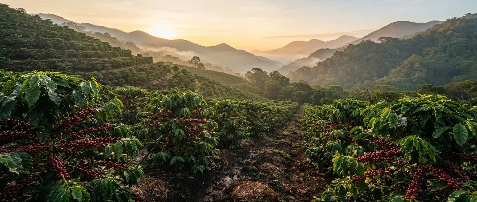 Cafetal en flor sobre una ladera al amanecer, con las montañas y la neblina al fondo
