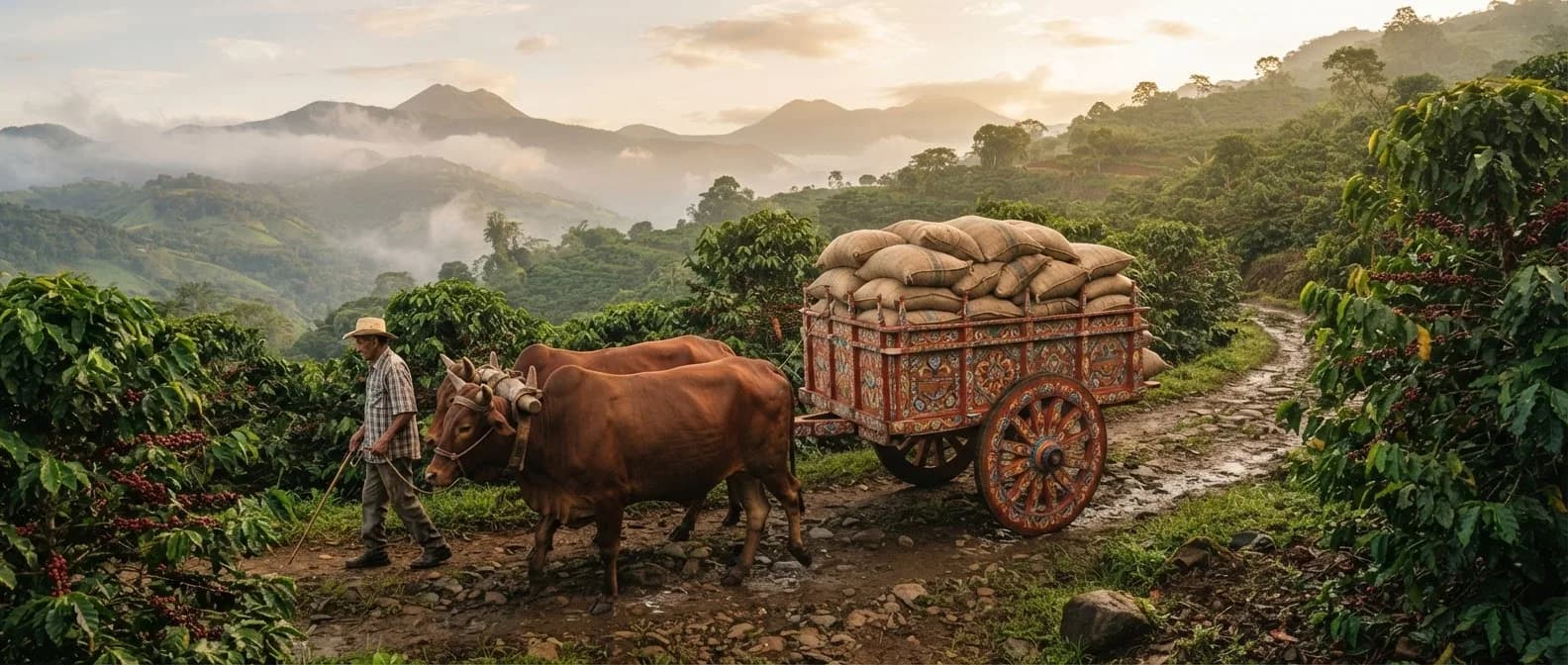Boyero guiando una yunta de bueyes con una carreta típica cargada de sacos de café, entre cafetales y montañas al amanecer