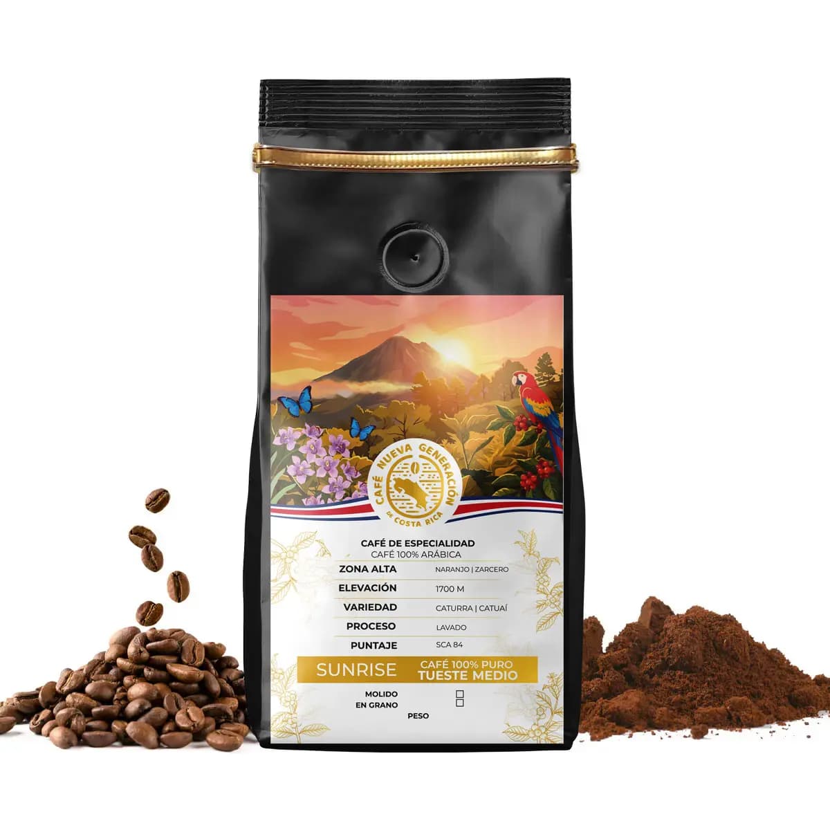 Bolsa de café Sunrise de Café Nueva Generación con válvula de desgasificación, granos y café molido