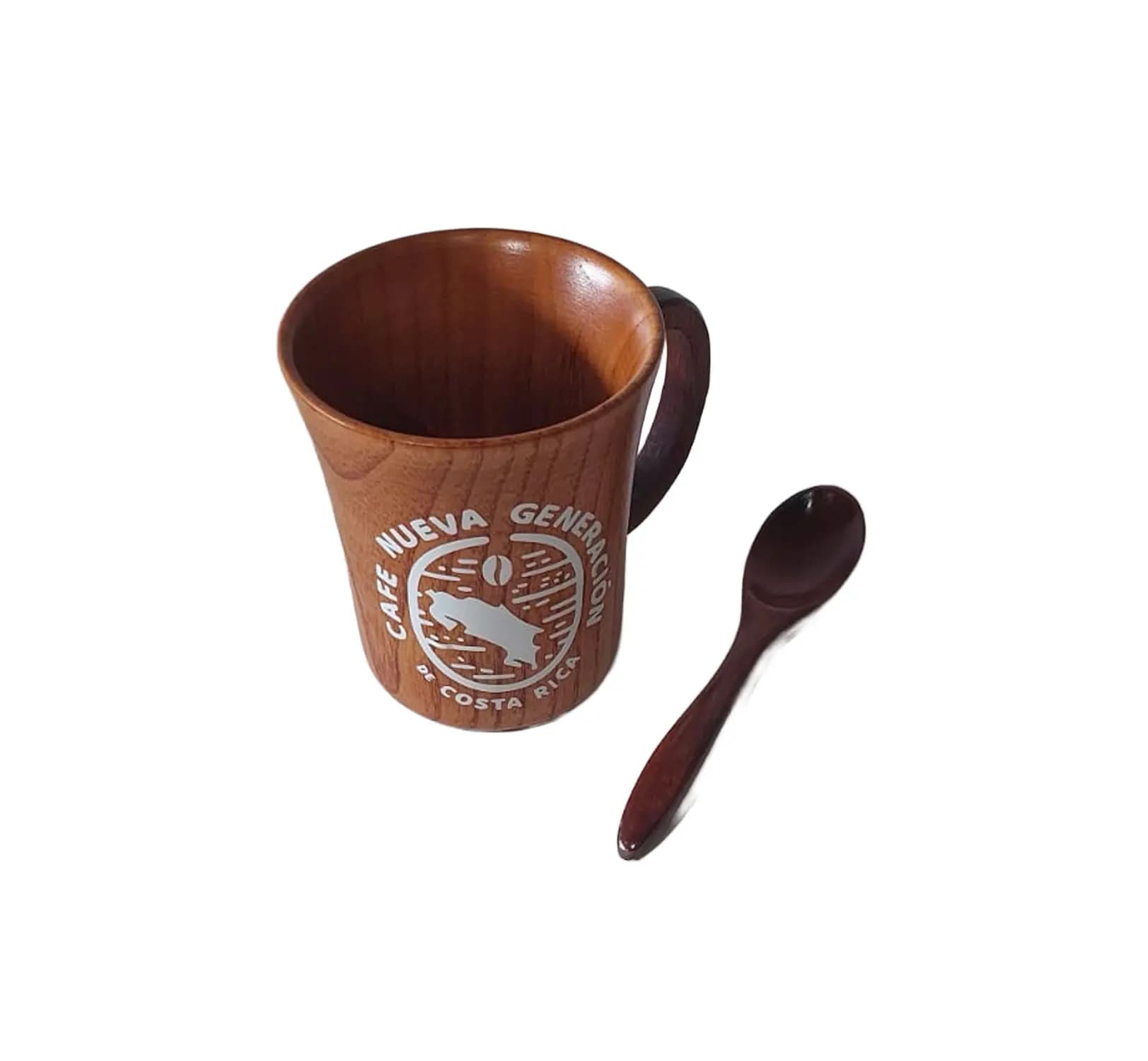 Taza Alta de Madera Natural con Cuchara – 10 cm, Café Nueva Generación