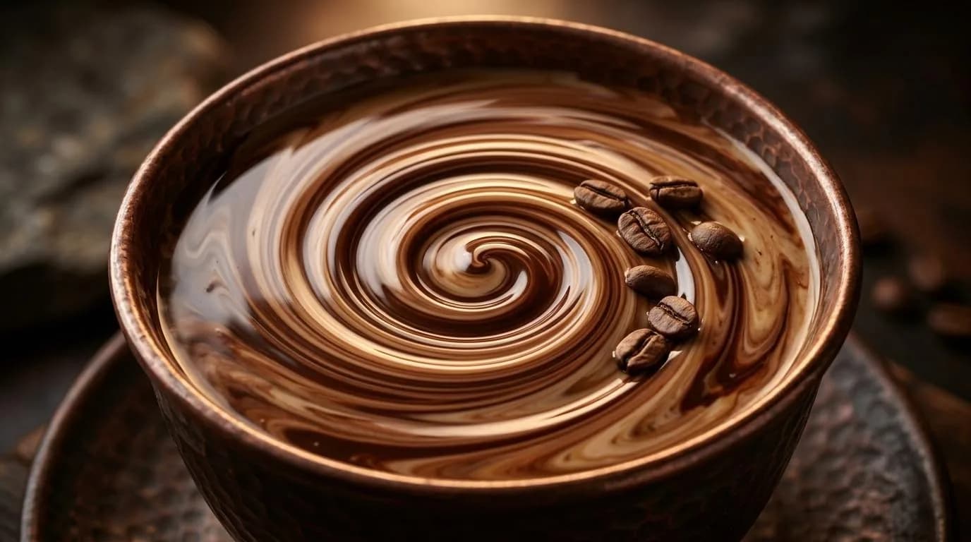Cup of coffee with a swirl of chocolate and cream, with coffee beans on top