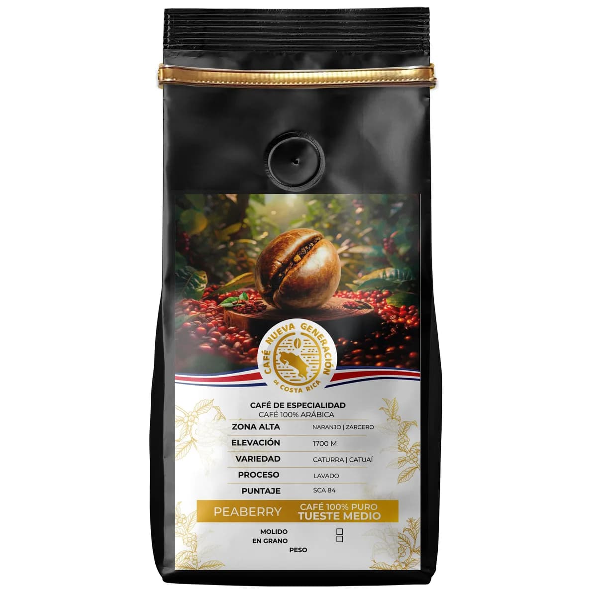 Bolsa negra de café Peaberry de Café Nueva Generación, en grano