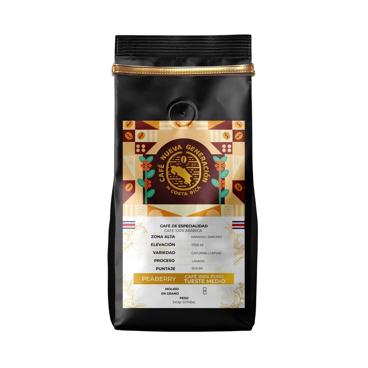 Peaberry en grano, en bolsa negra, Café Nueva Generación